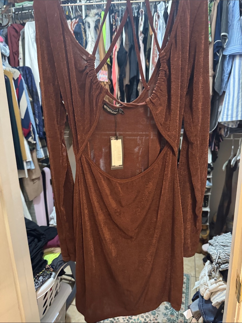 PrettyLittleThing Brown Shimmery Cutout Mini Dress